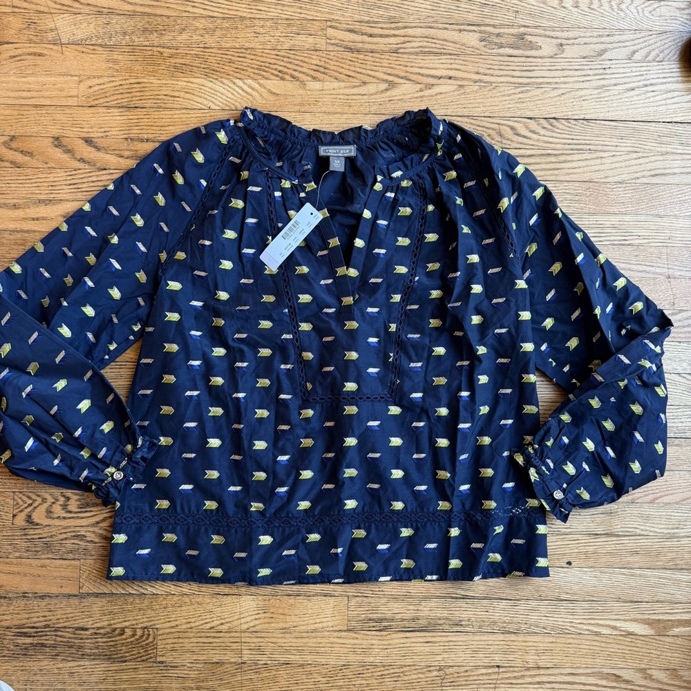 J. Crew Point Sur Blouse Top Womens Poplin XS Navy Gold Arrow Popover Indie Boho